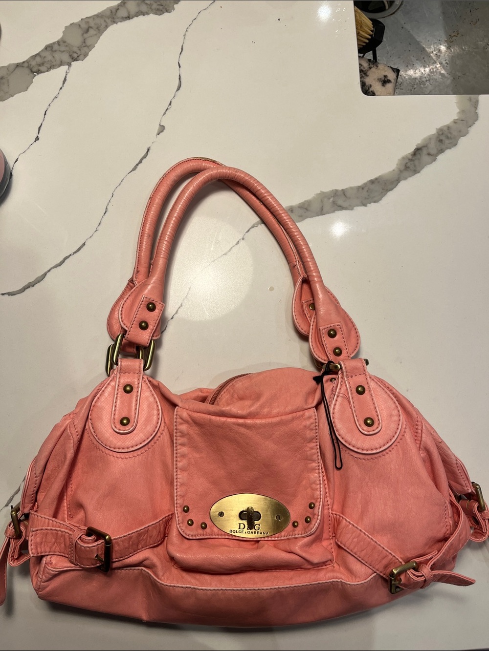 Dolce & Gabbana Coral Pink Leather Shoulder Bag with Gold Plate